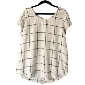 Marisol Women's White/Black Size Large Short Sleeve Check Blouse Semi Sheer Top‎